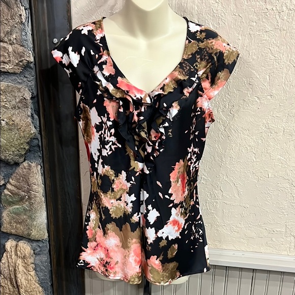 Worthington Tops - Worthington Black and Pink Ruffled Tie Front Cap Sleeve Blouse